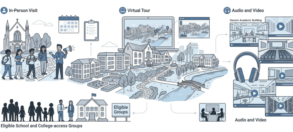Boston College tour options compared through in-person campus visits, virtual exploration, audio and video resources, and eligible group visits.