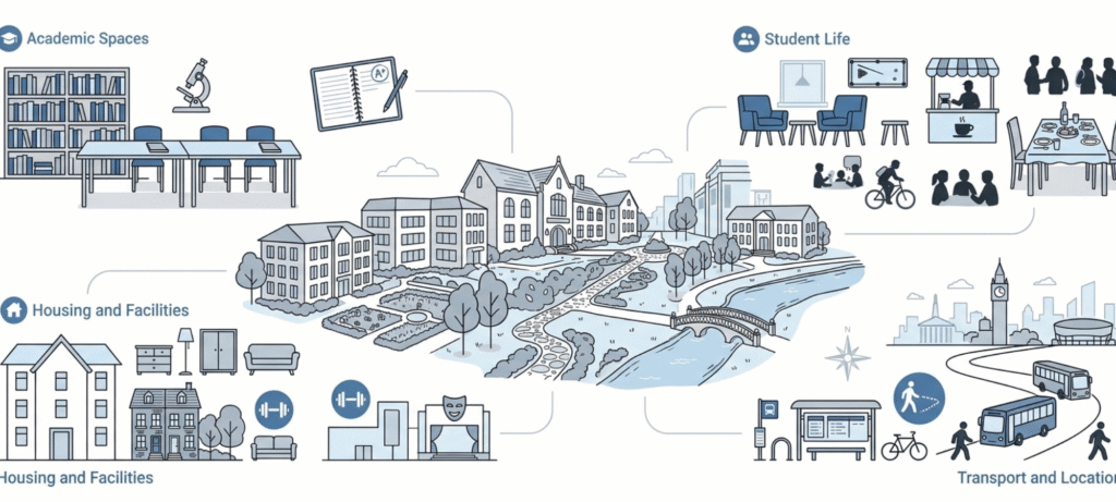 Campus visit infographic highlighting academic spaces, student life, housing, and transportation for prospective Boston College students.
