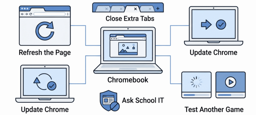 Chromebook troubleshooting guide showing how to refresh a browser game, close extra tabs, update the browser, test another game, and ask school IT about blocked access.