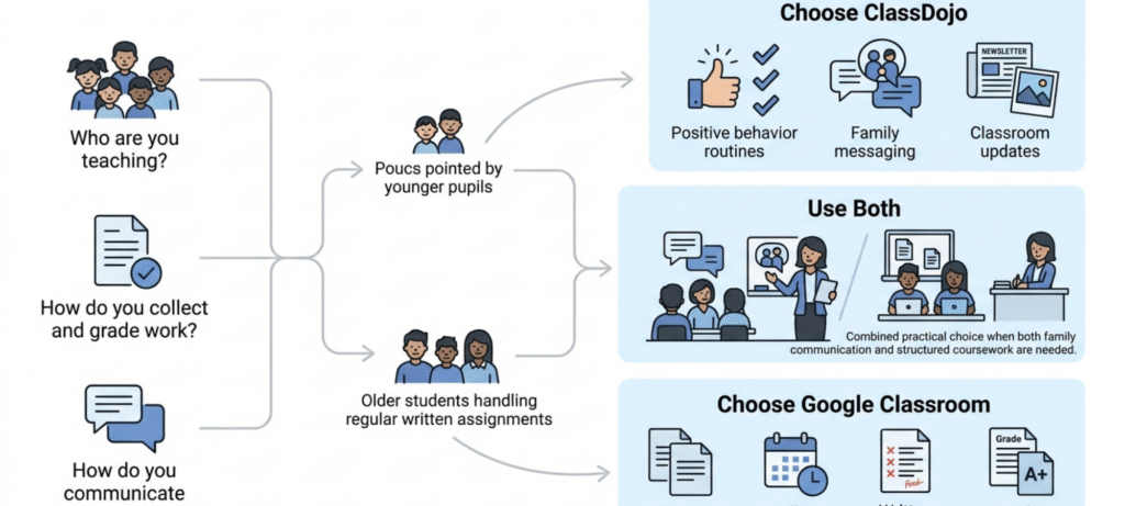 Classroom technology decision flowchart showing when teachers should choose ClassDojo, Google Classroom, or use both tools together.