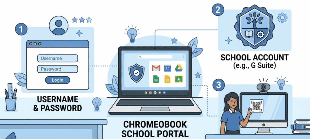 Clever student login infographic showing username and password access, school account sign-in, and a scannable Clever Badge leading to a Chromebook learning dashboard.