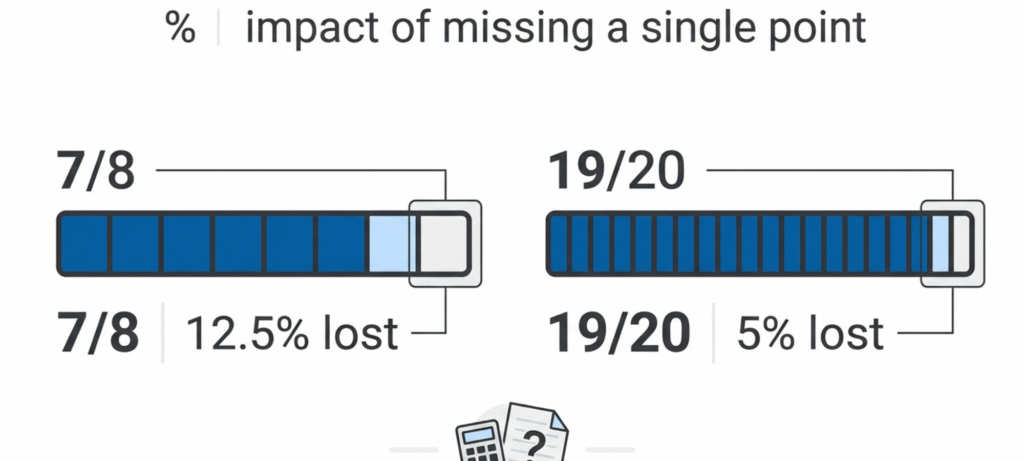 Comparison showing that one missed point equals 12.5% on an eight-point quiz and 5% on a 20-point assessment.