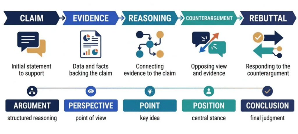 Debate vocabulary infographic showing claim, evidence, reasoning, counterargument and rebuttal