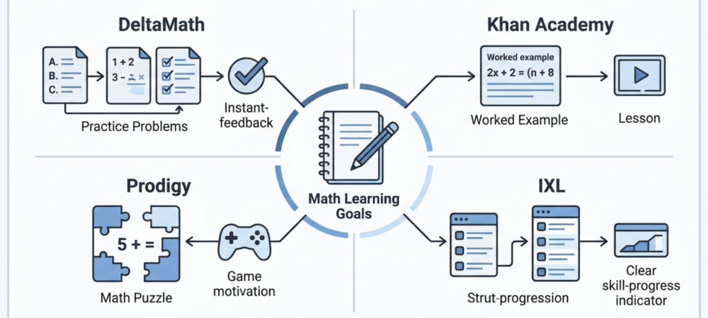 Educational comparison illustrating DeltaMath for assigned math practice, Khan Academy for lessons, IXL for structured exercises, and Prodigy for game-based learning.