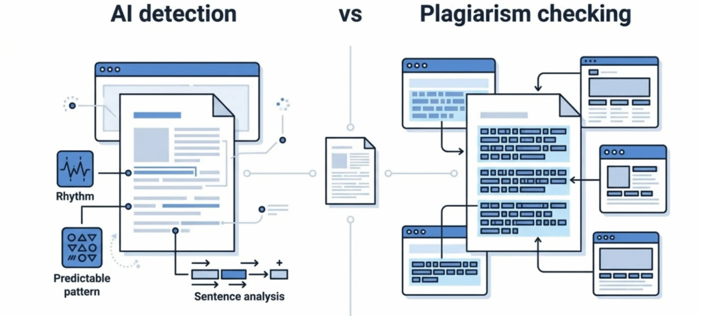 Educational comparison showing how an AI detector analyzes writing patterns while a plagiarism checker identifies matching text from other sources.