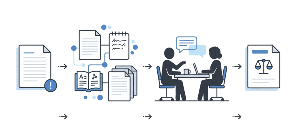 Educational illustration showing a fair review of an AI detector flag using student drafts, research notes, teacher discussion and an academic appeal process.
