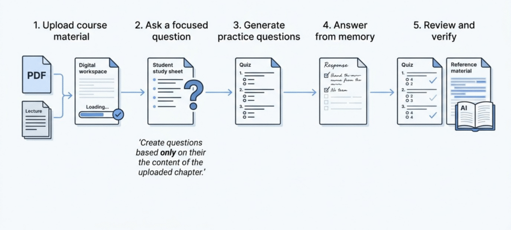 Five-step AI PDF study workflow showing document upload, focused questions, quiz generation, answering from memory, and verifying answers against the original source.
