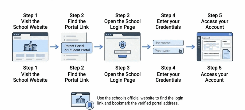 Five-step school portal login guide showing how to find the official school website, locate the portal, enter credentials, and access a student account.