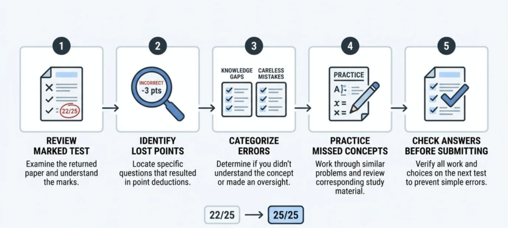 Five-step study guide showing how students can review mistakes, practice weak areas, and work toward improving a 2225 grade.