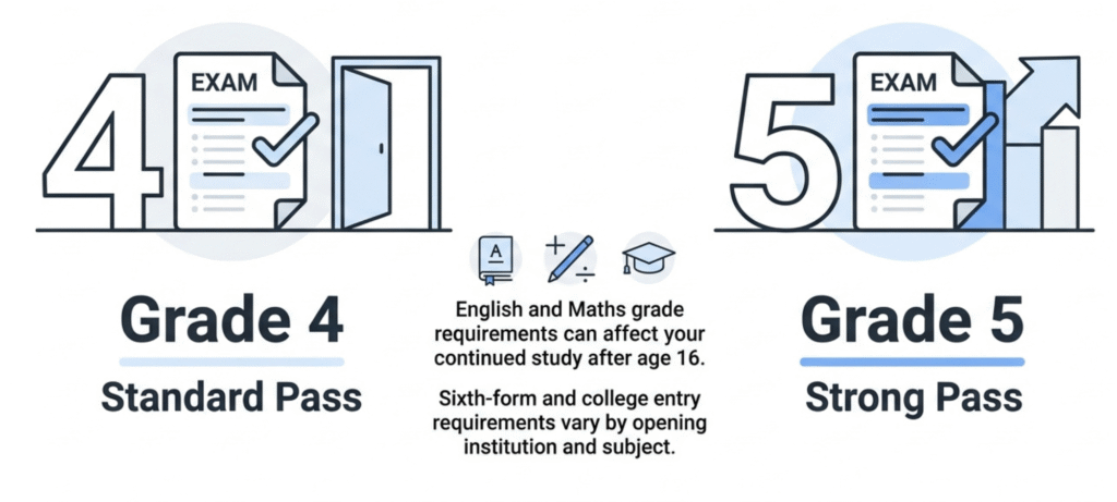 GCSE pass comparison showing grade 4 as the standard pass and grade 5 as the strong pass, with English, Maths, and further-study symbols.