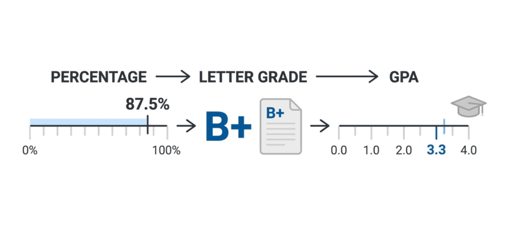 Grade conversion infographic showing 87.5% as a typical B+ and an approximate 3.3 GPA on some US grading scales.