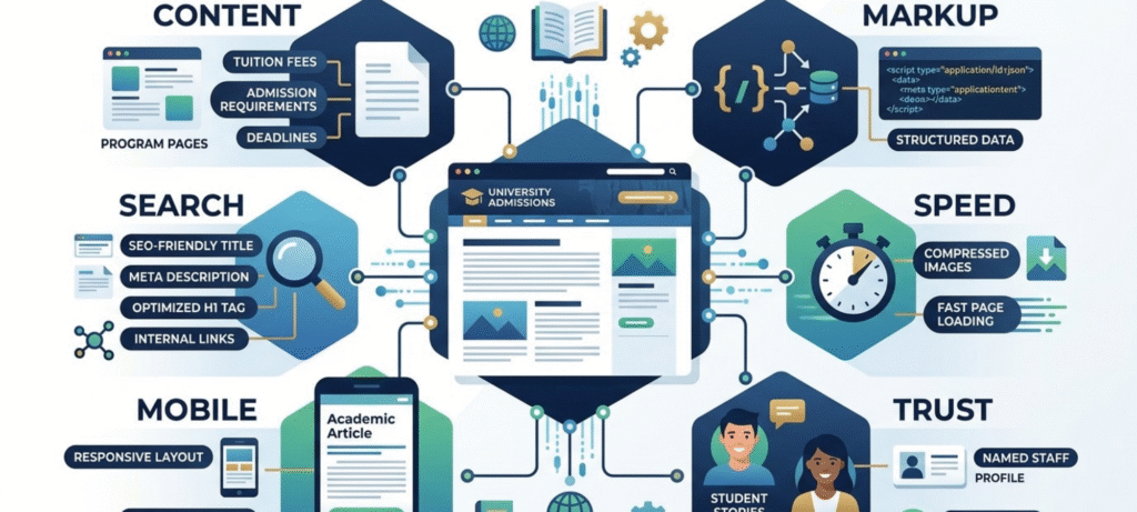 International student recruitment SEO and UX checklist infographic covering content search markup speed mobile and trust
