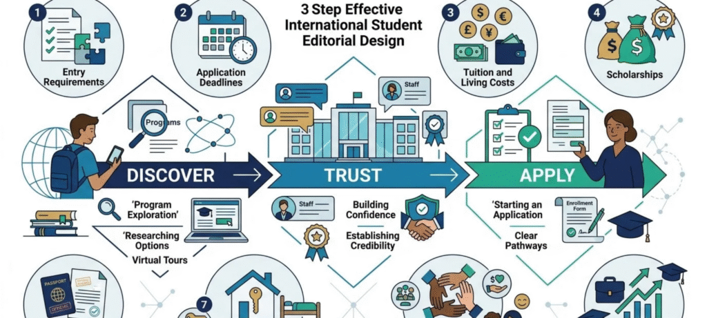 International student recruitment infographic showing entry requirements costs visa guidance trust and application steps