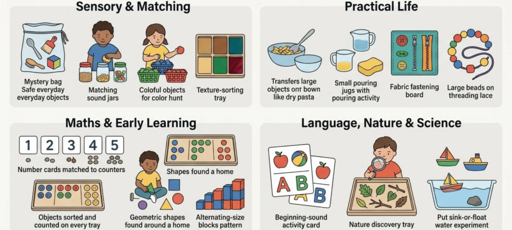 Montessori games for preschoolers aged 3–5, including sensory activities, practical life tasks, maths and language games.