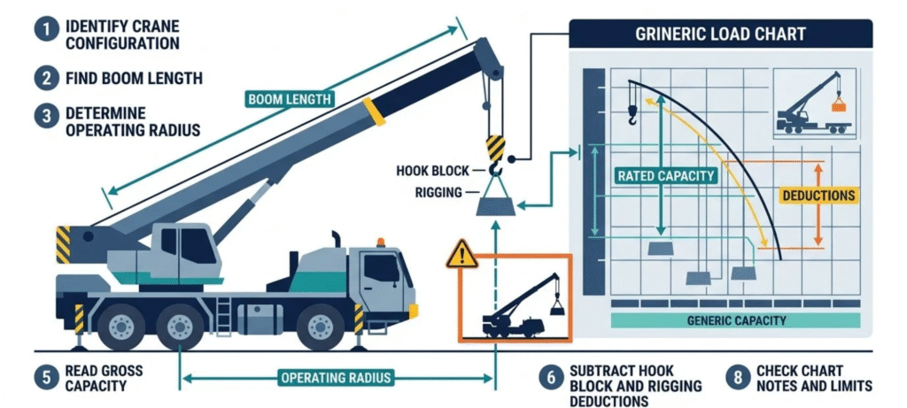 NCCCO load chart infographic showing boom length radius capacity deductions and chart reading steps