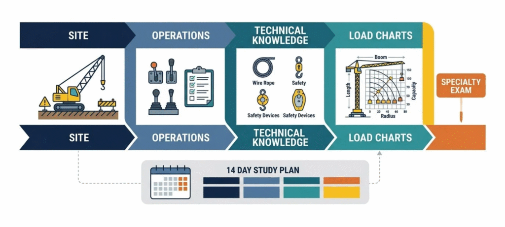 NCCCO written test study roadmap covering site operations technical knowledge and load charts