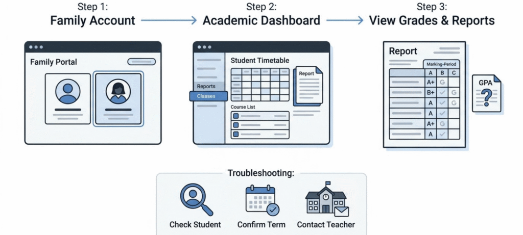 Parent portal guide illustrating how to select a student profile, open classes and reports, review published grades, and check GPA availability.