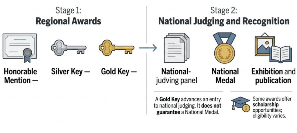 Scholastic Awards progression from regional Honorable Mention, Silver Key, and Gold Key awards to national judging and possible recognition.