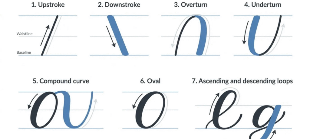 Seven foundational modern calligraphy stroke examples showing upstrokes, downstrokes, curves, ovals, and loops with directional arrows and writing guidelines.