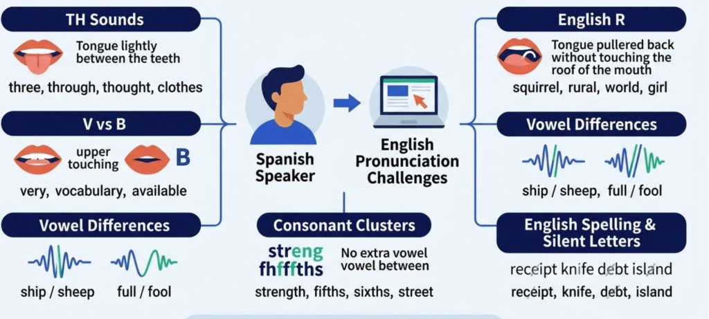 Six English pronunciation challenges for Spanish speakers including TH R V and B vowels consonant clusters and spelling