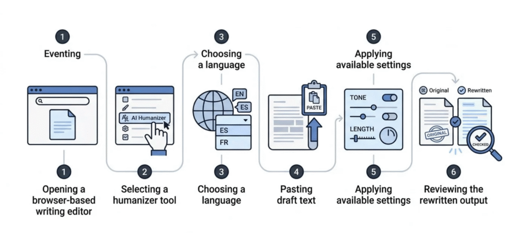 Six-step workflow showing how to open an AI humanizer, paste text, apply settings and review the rewritten result.