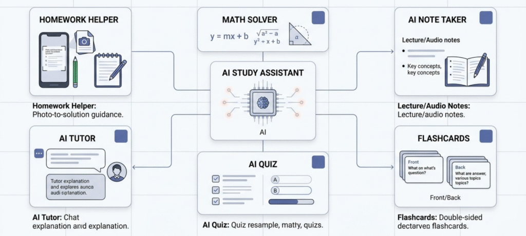 Solvely AI study tools including homework helper, math solver, notes, flashcards, quizzes and AI tutor