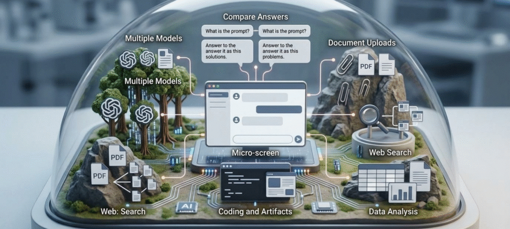 Stanford AI Playground features illustrated, including model comparison, document uploads, web search, coding, and data analysis.