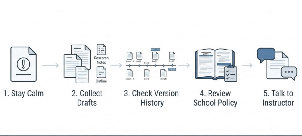 Steps to take after a Turnitin AI flag, including collecting drafts, checking document history, reviewing school policy, and speaking with an instructor.