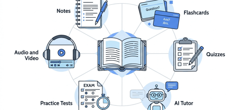 Study Fetch feature infographic illustrating notes, flashcards, quizzes, the Sparky AI tutor, practice tests, and audio or video study resources.