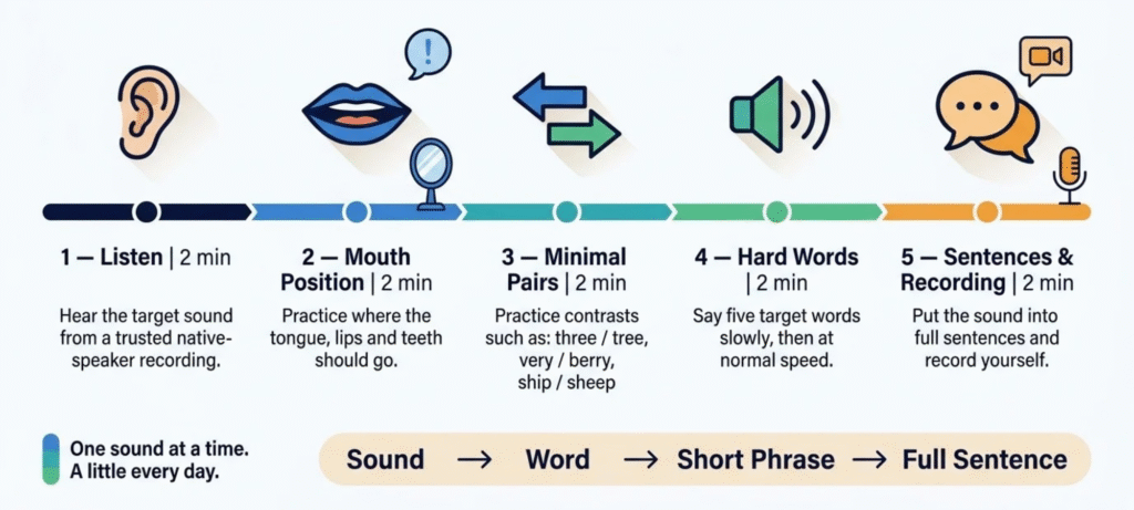 Ten-minute English pronunciation routine for Spanish speakers using listening mouth position minimal pairs hard words and sentences