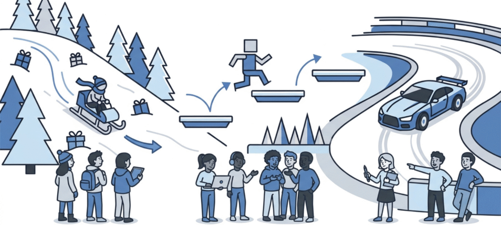 Three popular browser game styles illustrated with a sled on a snowy track, a parkour character jumping across platforms, and a car drifting around a corner.