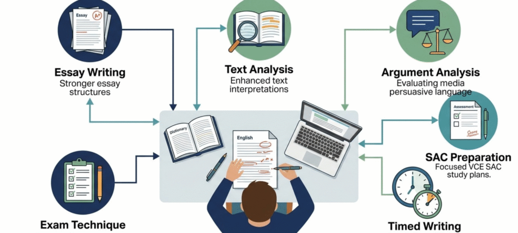 Common VCE English weaknesses infographic covering text response analysis essay structure and timed writing