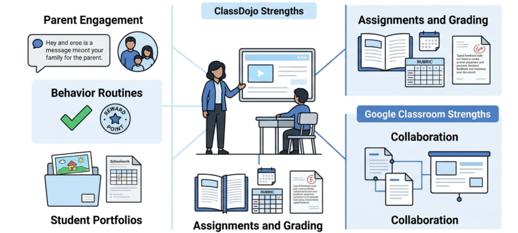 Visual guide to ClassDojo and Google Classroom features, including parent engagement, behavior routines, portfolios, assignments, grading, and collaboration.