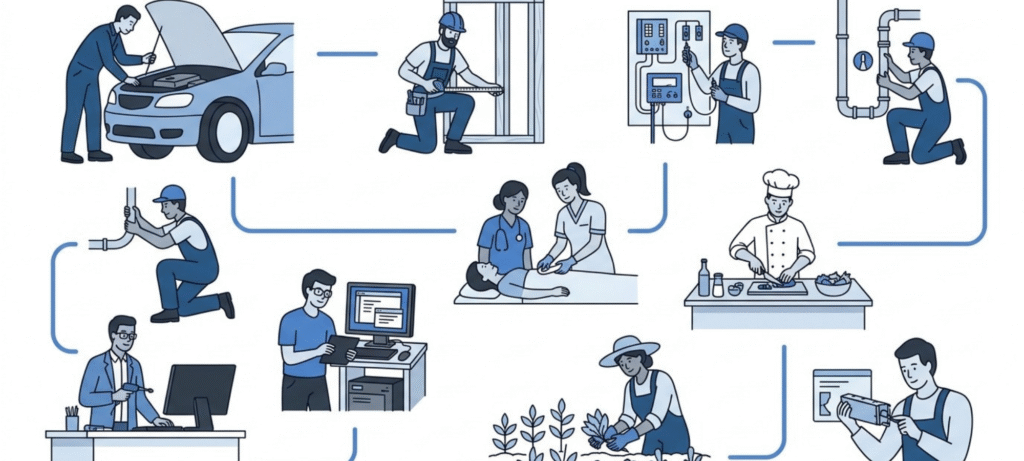 Vocational education examples showing practical training in automotive repair, carpentry, electrical work, plumbing, healthcare support, culinary arts, IT, agriculture, and manufacturing.