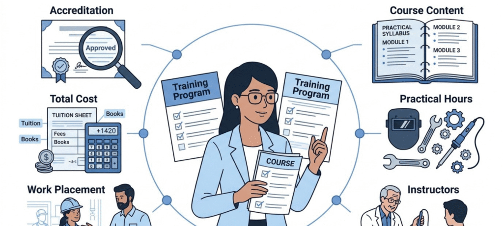 Vocational education program selection guide highlighting accreditation, course content, practical training hours, instructors, workplace placements, licensing requirements, and total cost.