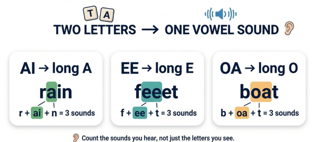 Vowel digraphs showing two letters working together to make one vowel sound in rain feet and boat