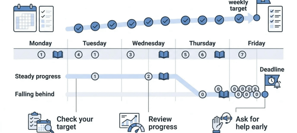 Weekly study-planning infographic showing steady Edgenuity lesson progress, deadline tracking, and steps to avoid falling behind.