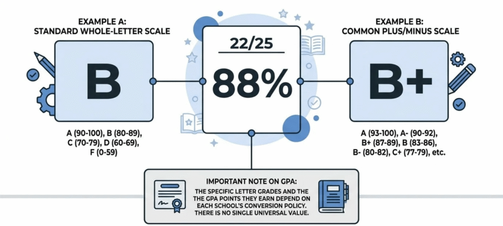 comparing the B and B+ letter grades commonly associated with an 88% score and explaining that GPA varies by school.