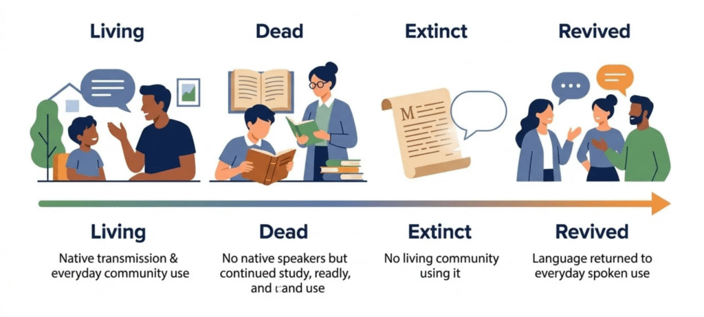 difference between living, dead, extinct, and revived languages