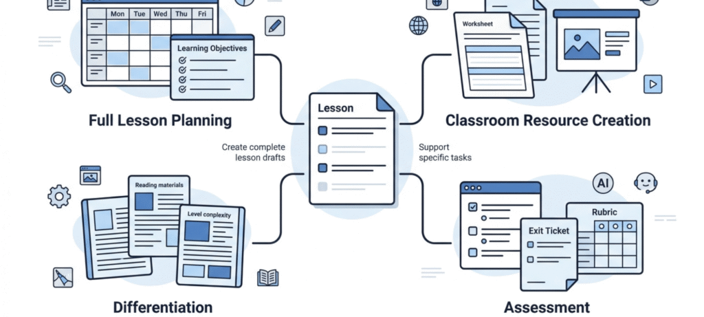 how AI tools support lesson planning, classroom resources, differentiated reading materials and student assessments.