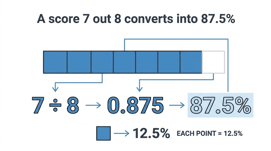 Visual explanation of how 7 out of 8 points converts to 87.5%, with seven of eight score units filled.