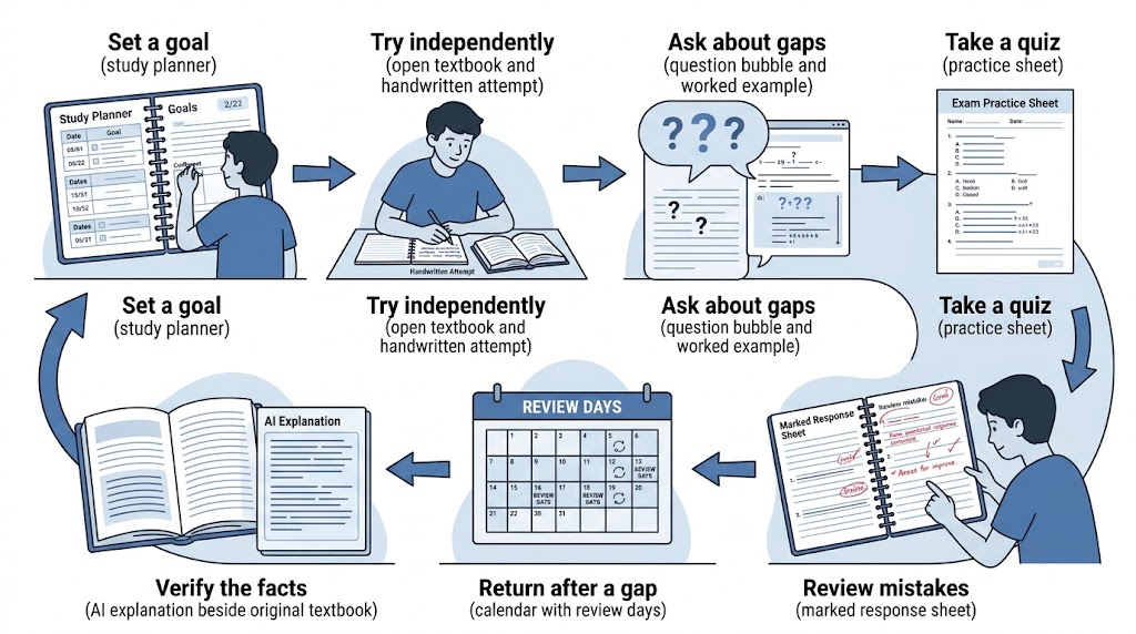 Seven-step AI exam revision routine covering goal setting, independent practice, targeted explanations, self-quizzing, mistake review, spaced repetition, and fact verification.