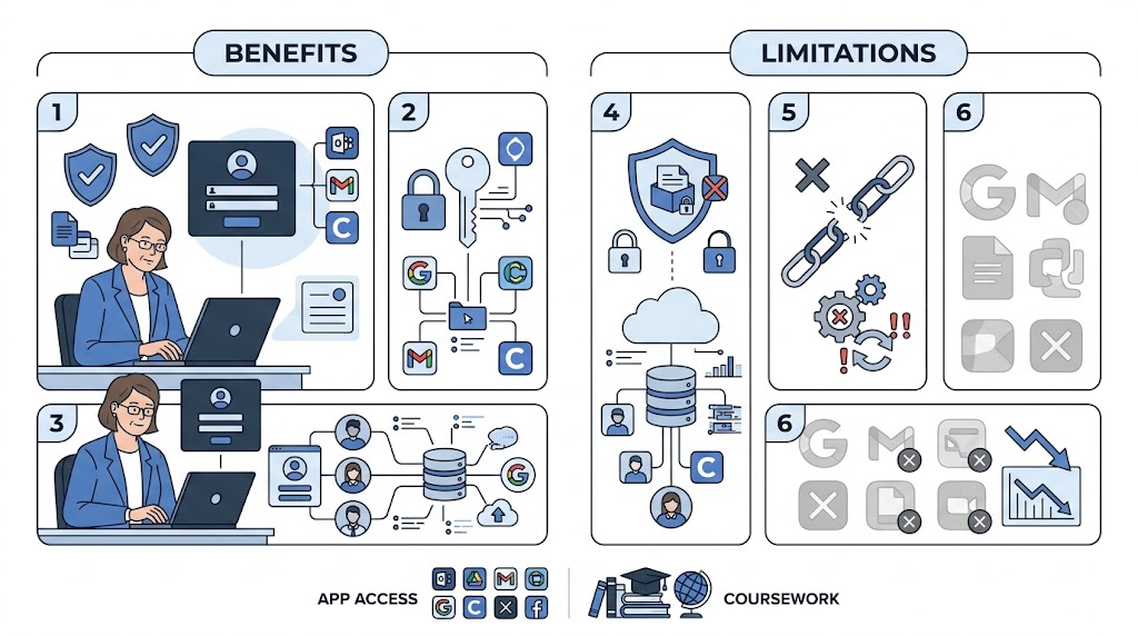 Clever for schools infographic highlighting single sign-on, automated class rosters, app access, configuration limitations, student data privacy, and the difference between an access platform and a learning management system.