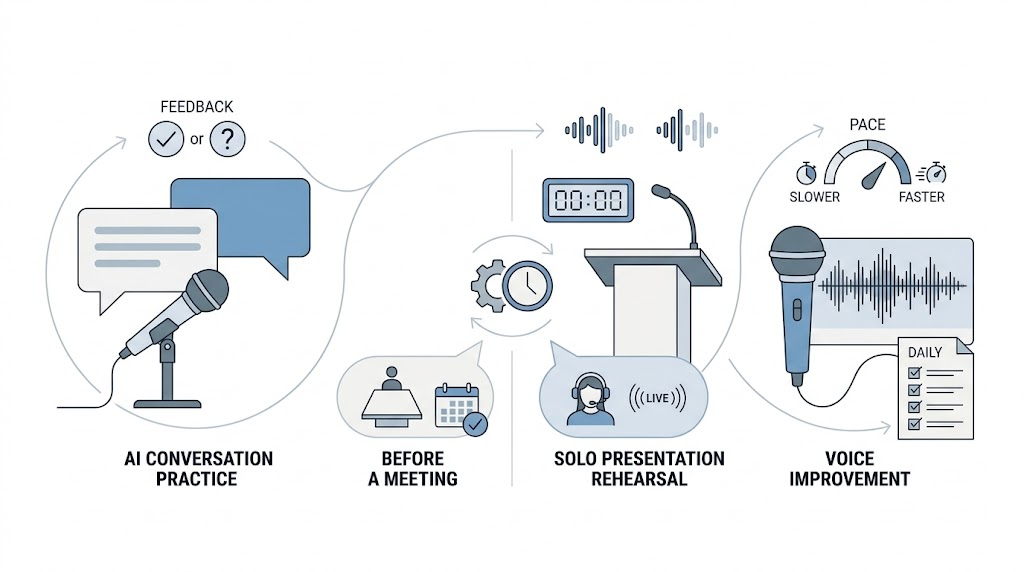 Comparison infographic illustrating AI roleplay practice, solo presentation rehearsal, and voice-delivery exercises as different alternatives to Poised AI's former live meeting coaching.