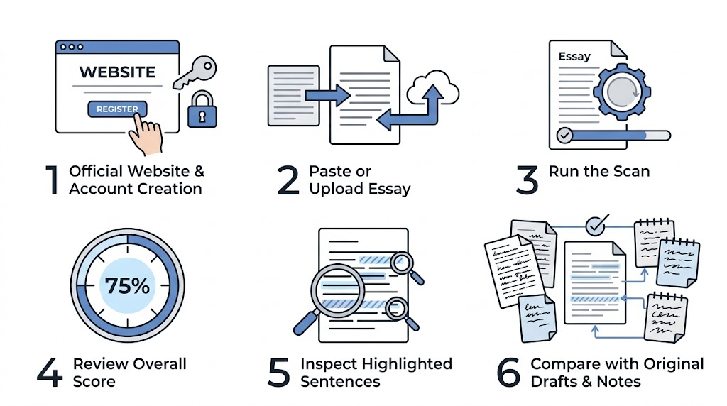 Six-step guide to checking a student essay with an AI detector and comparing highlighted passages with original drafts.