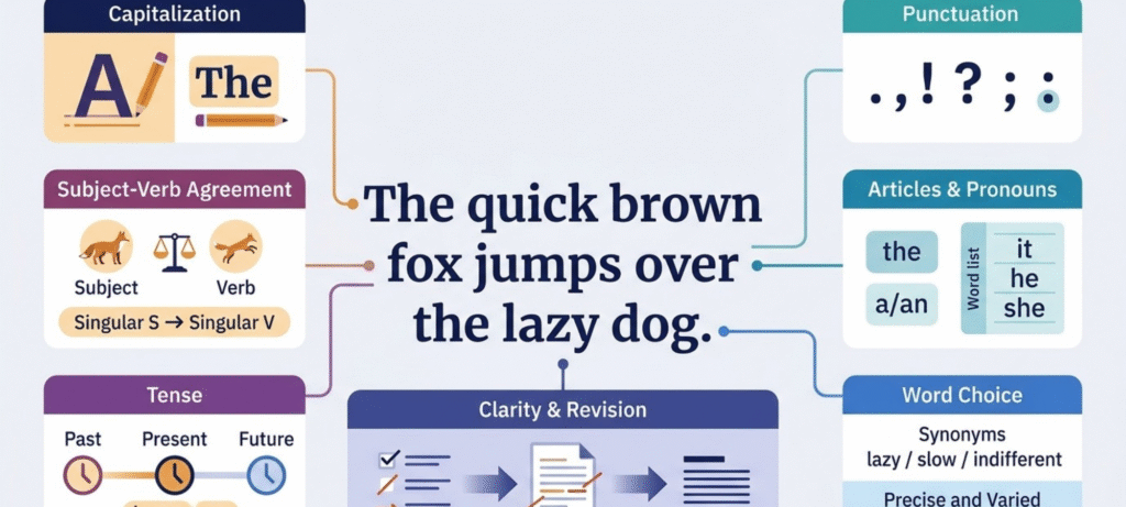 rules for writing English including grammar punctuation sentence structure and clarity